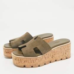 Hermes Green Suede Eze Cork Platform Wedge Sandals Size 38