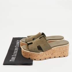 Hermes Green Suede Eze Cork Platform Wedge Sandals Size 38
