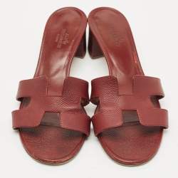 Hermes Burgundy Leather Oasis Slide Sandals Size 37.5 