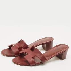 Hermes Burgundy Leather Oasis Slide Sandals Size 37.5 