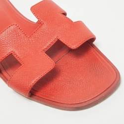 Hermes Orange Leather Oran Flat Slide Sandals Size 39
