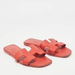 Hermes Orange Leather Oran Flat Slide Sandals Size 39