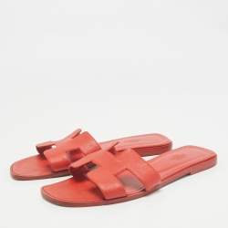 Hermes Orange Leather Oran Flat Slide Sandals Size 39