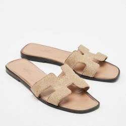 Pre Owned Hermes Beige Crystal Suede Oran Flat Slide Sandals Size 39