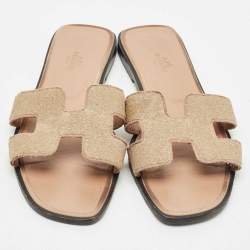 Pre Owned Hermes Beige Crystal Suede Oran Flat Slide Sandals Size 39