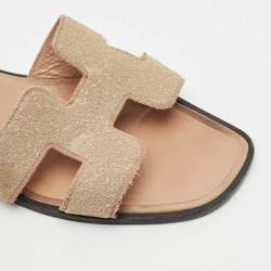 Pre Owned Hermes Beige Crystal Suede Oran Flat Slide Sandals Size 39