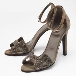 Hermes Grey Suede and Crystal Embellished Premiere Sandals Size 37
