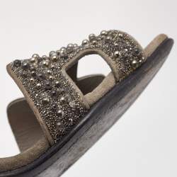 Hermes Grey Suede and Crystal Embellished Premiere Sandals Size 37