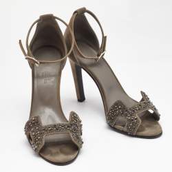 Hermes Grey Suede and Crystal Embellished Premiere Sandals Size 37