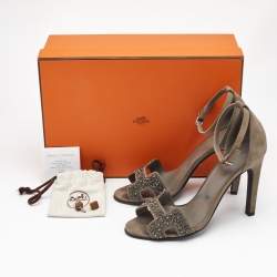 Hermes Grey Suede and Crystal Embellished Premiere Sandals Size 37
