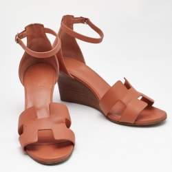 Hermes Orange Leather Legend Wedge Sandals Size 38.5
