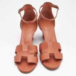 Hermes Orange Leather Legend Wedge Sandals Size 38.5