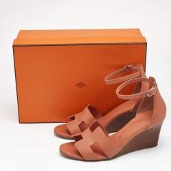 Hermes Orange Leather Legend Wedge Sandals Size 38.5