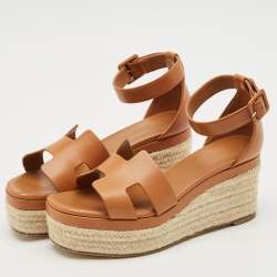 Hermes Brown Leather Elda Espadrille Wedge Sandals Size 38