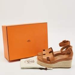 Hermes Brown Leather Elda Espadrille Wedge Sandals Size 38