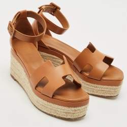 Hermes Brown Leather Elda Espadrille Wedge Sandals Size 38