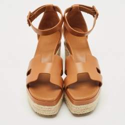 Hermes Brown Leather Elda Espadrille Wedge Sandals Size 38