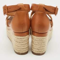 Hermes Brown Leather Elda Espadrille Wedge Sandals Size 38