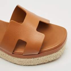 Hermes Brown Leather Elda Espadrille Wedge Sandals Size 38