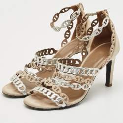 Hermes Silver/Beige Leather and Suede Chaine d'Ancre Ankle Strap Sandals Size 37.5