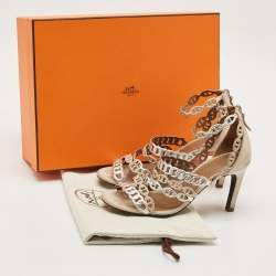 Hermes Silver/Beige Leather and Suede Chaine d'Ancre Ankle Strap Sandals Size 37.5