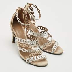 Hermes Silver/Beige Leather and Suede Chaine d'Ancre Ankle Strap Sandals Size 37.5