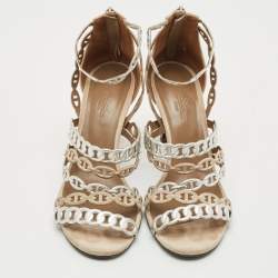 Hermes Silver/Beige Leather and Suede Chaine d'Ancre Ankle Strap Sandals Size 37.5