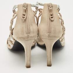 Hermes Silver/Beige Leather and Suede Chaine d'Ancre Ankle Strap Sandals Size 37.5