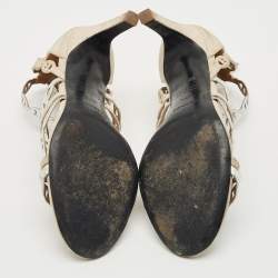 Hermes Silver/Beige Leather and Suede Chaine d'Ancre Ankle Strap Sandals Size 37.5