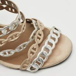 Hermes Silver/Beige Leather and Suede Chaine d'Ancre Ankle Strap Sandals Size 37.5