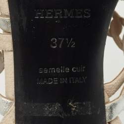 Hermes Silver/Beige Leather and Suede Chaine d'Ancre Ankle Strap Sandals Size 37.5