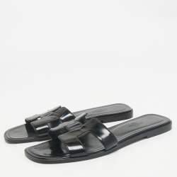 Hermes Black Patent Leather Oran Flat Slides Size 37.5