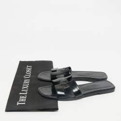Hermes Black Patent Leather Oran Flat Slides Size 37.5