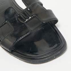 Hermes Black Patent Leather Oran Flat Slides Size 37.5