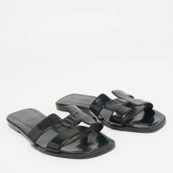 Hermes Black Patent Leather Oran Flat Slides Size 37.5