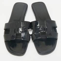 Hermes Black Patent Leather Oran Flat Slides Size 37.5