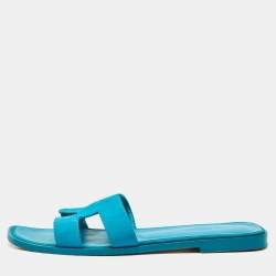 Hermes Blue Suede Oran Flat Slides Size 38