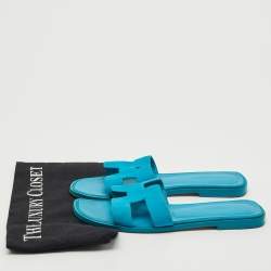Hermes Blue Suede Oran Flat Slides Size 38