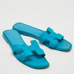 Hermes Blue Suede Oran Flat Slides Size 38