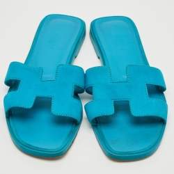 Hermes Blue Suede Oran Flat Slides Size 38