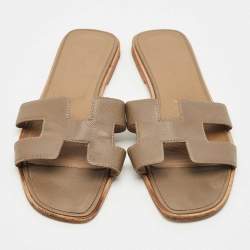 Hermes Brown Leather Oran Flat Slides Size 39