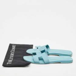Hermes Blue Leather Oran Flat Slide Sandals Size 40