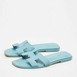 Hermes Blue Leather Oran Flat Slide Sandals Size 40