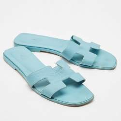 Hermes Blue Leather Oran Flat Slide Sandals Size 40