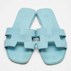 Hermes Blue Leather Oran Flat Slide Sandals Size 40