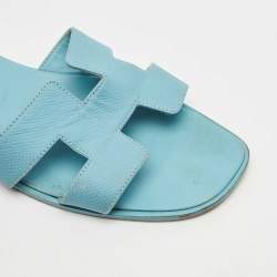 Hermes Blue Leather Oran Flat Slide Sandals Size 40
