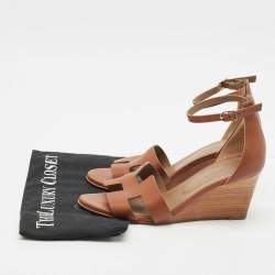 Hermes Brown Leather Legend Ankle Strap Wedge Sandals Size 39