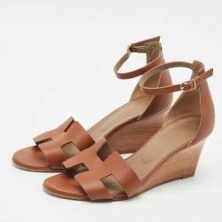 Hermes Brown Leather Legend Ankle Strap Wedge Sandals Size 39