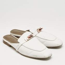 Hermes White Leather Oz Flat Mules Size 39