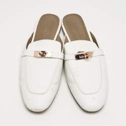 Hermes White Leather Oz Flat Mules Size 39